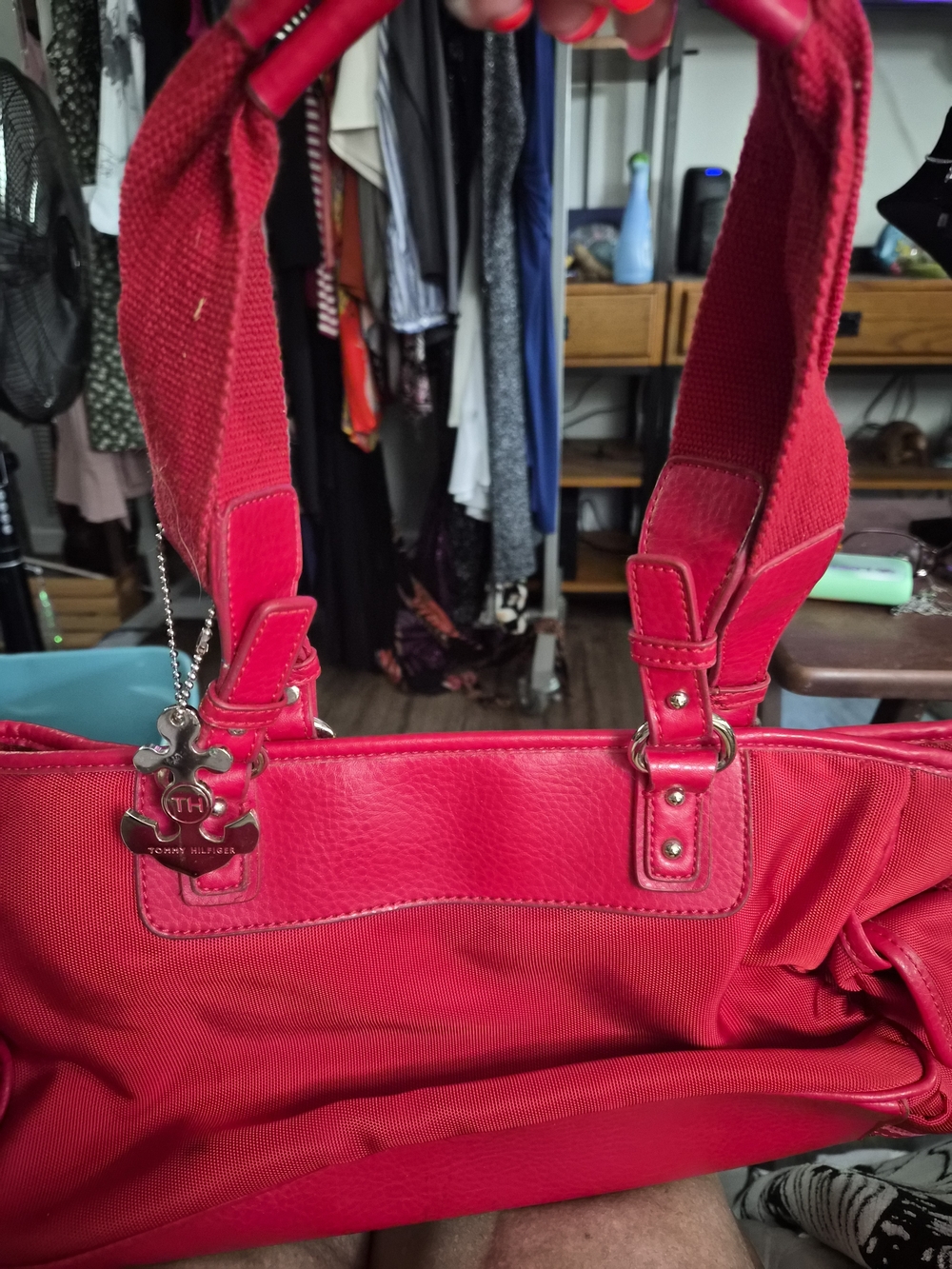 Tommy Hilfiger Bright Red Canvas and Leather Tote with Logo Charm